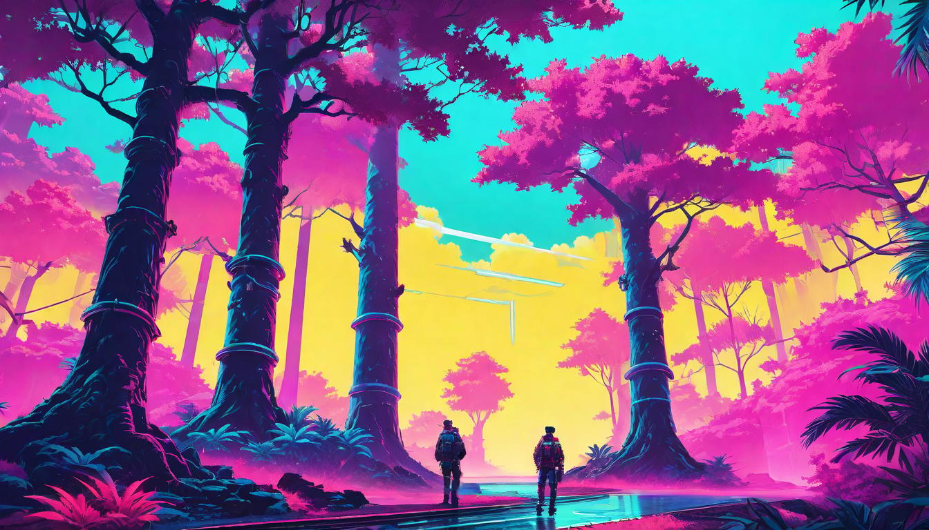  vaporwave,cyberpunk game style Two trees entwined at their roots and trunks, symbolizing unity and catalyst for change, leaves vibrant with the colors of change, coexistence, deep connectioneon, dystopian, futuristic, digital, vibrant, detailed, high contrast, reminiscent of cyberpunk genre video games,retro aesthetic, cyberpunk, vibrant, neon colors, vintage 80s and 90s style, highly detailed