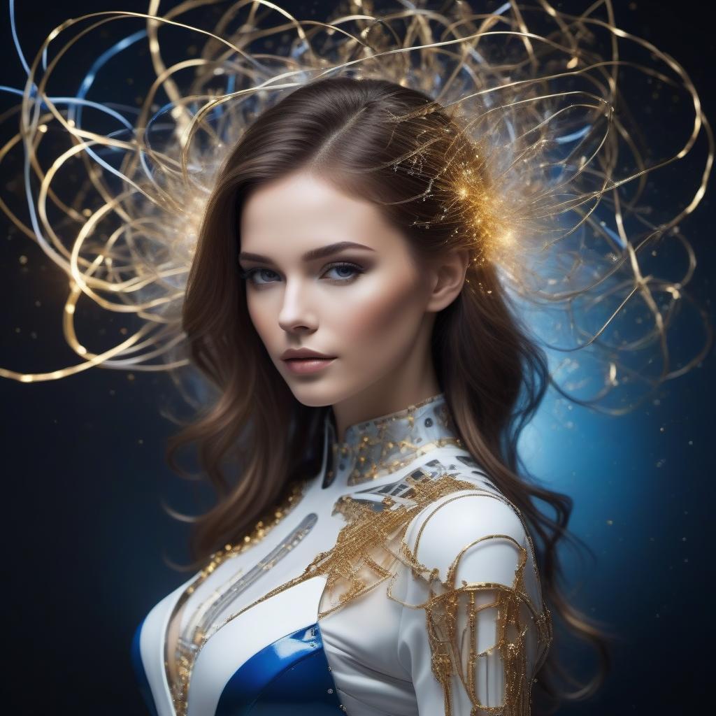  The girl robot of the future, the luminous wires in the move from the head hang, sticking out, dances, splashes of white black gold blue explodes, glows.Style art