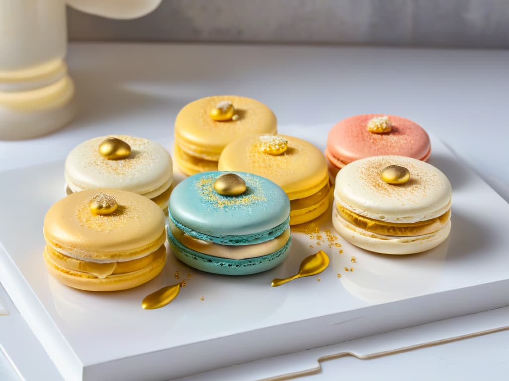  A closeup, ultradetailed photograph of a delicate macaron with a glossy surface shimmering under soft, natural light. The macaron is elegantly decorated with intricate brushstrokes of edible gold paint, creating a mesmerizing abstract pattern that beautifully contrasts with the pastel color of the dessert. The details of the brushstrokes and the reflections on the golden surface are incredibly sharp and clear, showcasing the artistry and precision involved in decorating desserts with edible paint. hyperrealistic, full body, detailed clothing, highly detailed, cinematic lighting, stunningly beautiful, intricate, sharp focus, f/1. 8, 85mm, (centered image composition), (professionally color graded), ((bright soft diffused light)), volumetric fog, trending on instagram, trending on tumblr, HDR 4K, 8K