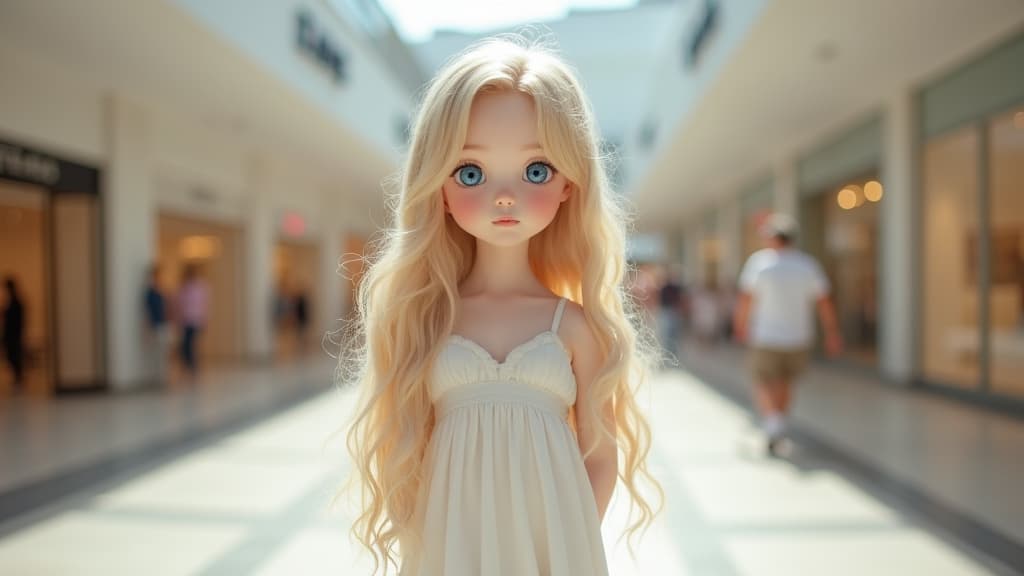  good quality, high quality, a standing wearing a white , long blonde hair, blue eyes, , extreme realistic, delicate, cute, adorable, ultra realistic skin, extremely realistic, scenery, front view, mall background, body focus