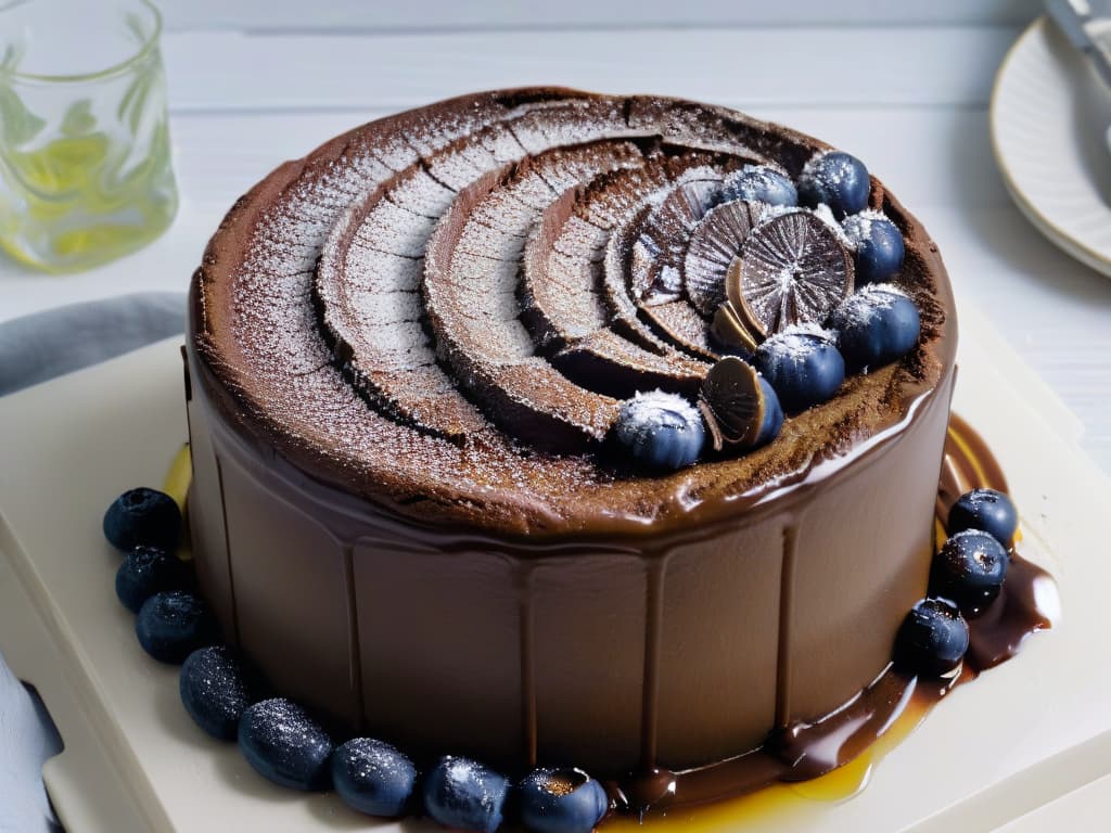  A closeup, ultradetailed image of a decadent chocolate olive oil cake, perfectly moist and rich, topped with a drizzle of extra virgin olive oil and a sprinkling of flaky sea salt. The cake sits on a sleek, modern plate with a minimalist background, allowing the viewer to focus on the luxurious texture and glossy finish of the dessert. Each crumb and chocolate swirl is captured with stunning clarity, showcasing the seamless integration of olive oil in a delectable sweet treat. hyperrealistic, full body, detailed clothing, highly detailed, cinematic lighting, stunningly beautiful, intricate, sharp focus, f/1. 8, 85mm, (centered image composition), (professionally color graded), ((bright soft diffused light)), volumetric fog, trending on instagram, trending on tumblr, HDR 4K, 8K