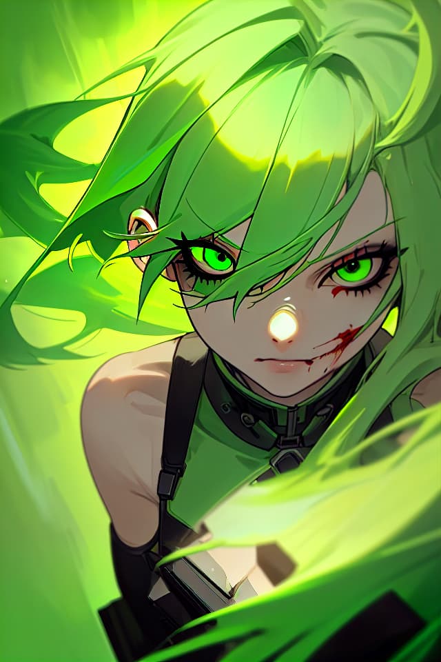  Looking into the gap between the green hair characters, high image quality, 4K, 8k, detailed details, detailed depictions, close one eye and glares with blood.