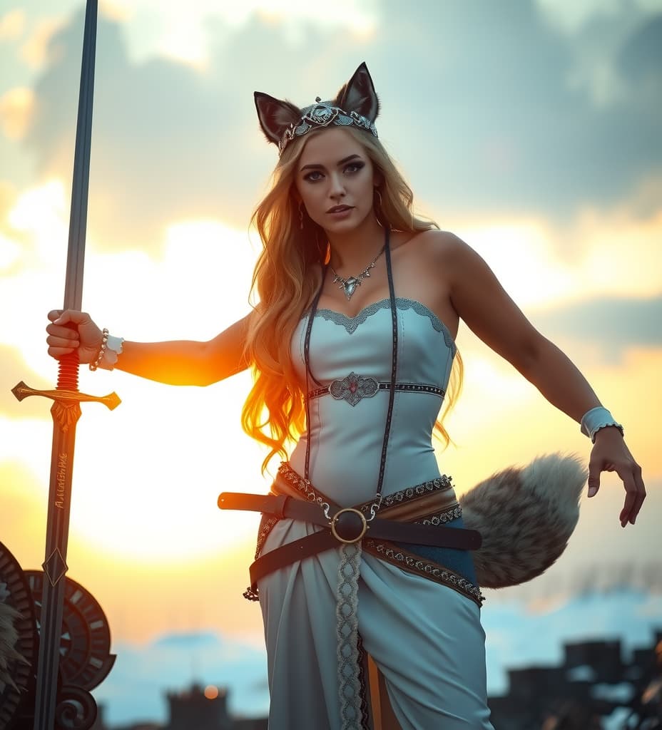  good quality, high quality, real looking beautiful princess of the ice castle with a sword and wolf ears and tail