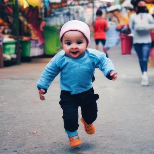  cute baby runing in market holding mobile