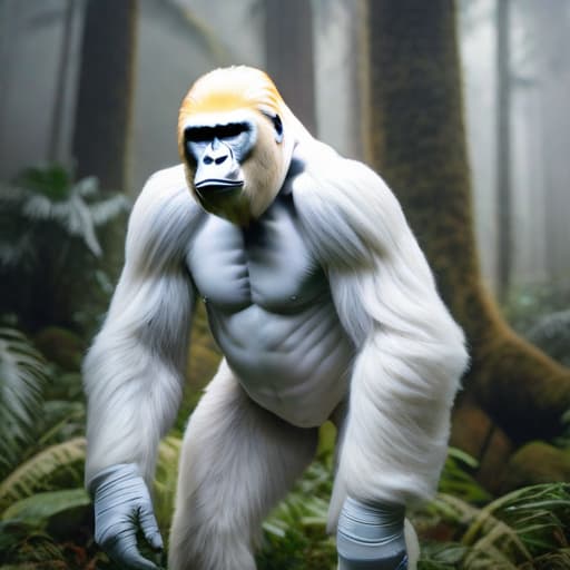  an albino gorilla with the face of donald trump hyperrealistic, full body, detailed clothing, highly detailed, cinematic lighting, stunningly beautiful, intricate, sharp focus, f/1. 8, 85mm, (centered image composition), (professionally color graded), ((bright soft diffused light)), volumetric fog, trending on instagram, trending on tumblr, HDR 4K, 8K