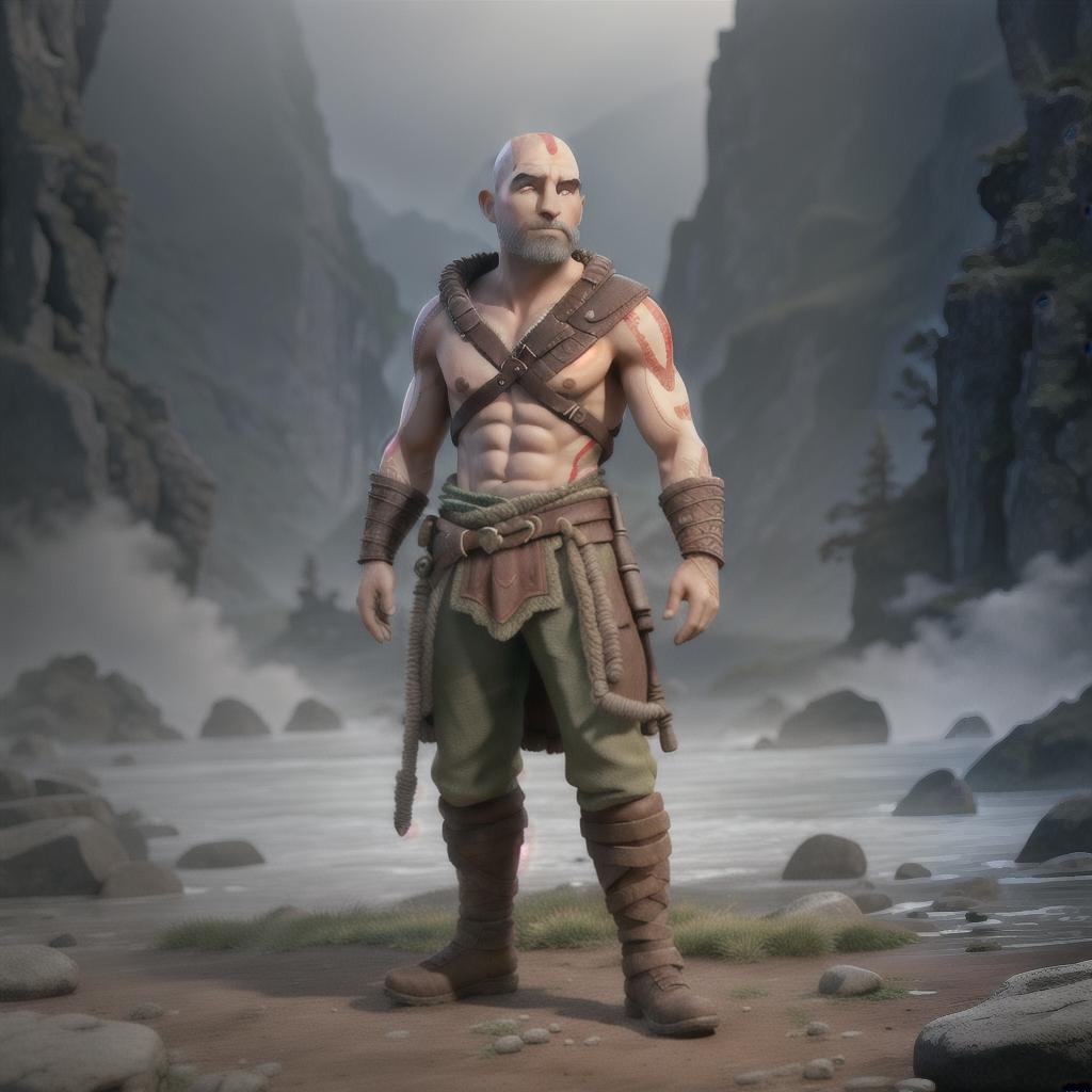  God of war hyperrealistic, full body, detailed clothing, highly detailed, cinematic lighting, stunningly beautiful, intricate, sharp focus, f/1. 8, 85mm, (centered image composition), (professionally color graded), ((bright soft diffused light)), volumetric fog, trending on instagram, trending on tumblr, HDR 4K, 8K