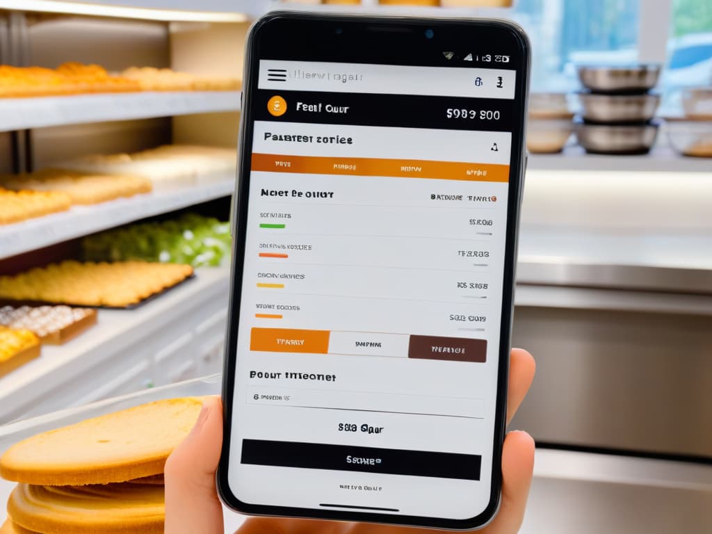  A closeup, ultradetailed image of a sleek, modern smartphone displaying a beautifully designed inventory management app specifically tailored for bakers and pastry chefs. The app interface features intuitive navigation, vibrant color scheme, and visually appealing icons for various inventory categories such as flour, sugar, and spices. The background is a soft, blurred kitchen setting with hints of baking tools subtly visible, emphasizing the app's relevance to the culinary world. hyperrealistic, full body, detailed clothing, highly detailed, cinematic lighting, stunningly beautiful, intricate, sharp focus, f/1. 8, 85mm, (centered image composition), (professionally color graded), ((bright soft diffused light)), volumetric fog, trending on instagram, trending on tumblr, HDR 4K, 8K