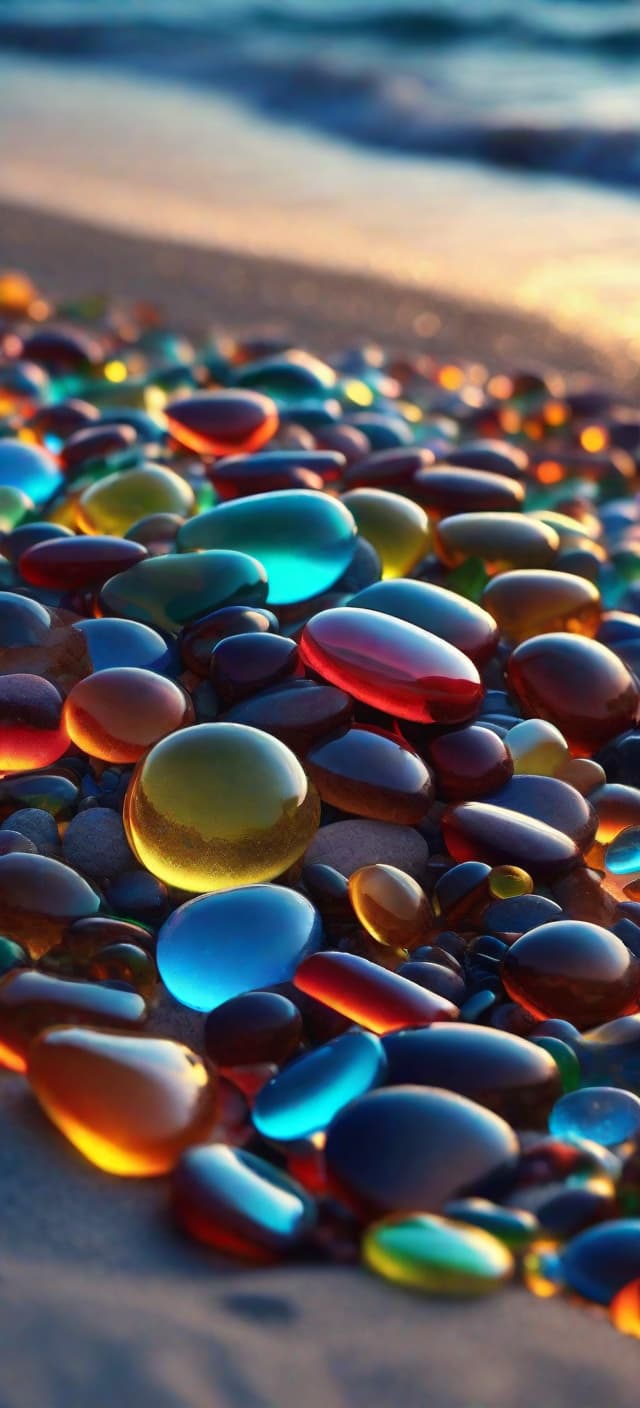  (geometric style), a pile of glass pebbles on a beach, in the style of luminous and dreamlike scenes, at night, psychedelic inspired, hyper realistic details, luminous sfumato, photo realistic techniques, enamel