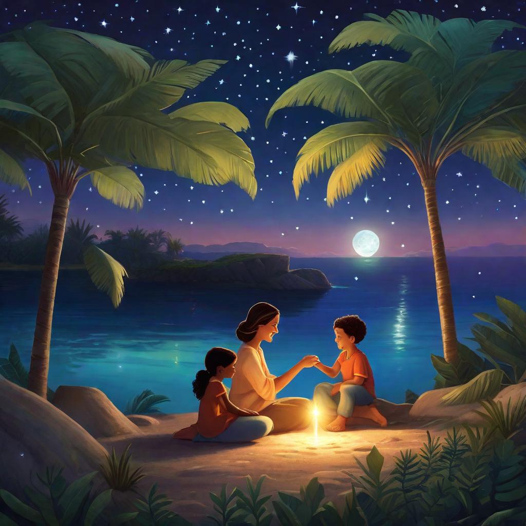  Prompt: "A nighttime scene on a mystical, serene island under a starry sky. In the center, a small child and their mother share a joyous moment as they find a radiant, magical stone. Both the mother and the child are looking into each other's eyes, their faces filled with anticipation and happiness, preparing to make a wish. However, there should be a puzzling obstacle visible suggesting a problem they might face before using the stone. The scenery should be full of charming, simplified detail - lush trees, tranquil waters, perhaps small mysterious creatures - creating a gentleness and enchantment suitable for children. The emotional tone of the scene should reflect a mix of joy, expectation, a potent sense of magic and suspense, all infuse hyperrealistic, full body, detailed clothing, highly detailed, cinematic lighting, stunningly beautiful, intricate, sharp focus, f/1. 8, 85mm, (centered image composition), (professionally color graded), ((bright soft diffused light)), volumetric fog, trending on instagram, trending on tumblr, HDR 4K, 8K