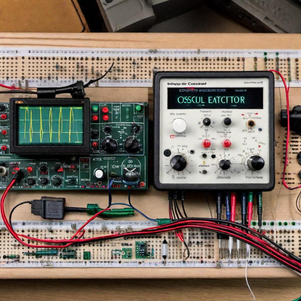  R-C filter circuit connected on a breadboard with a waveform generator and oscilloscope. The circuit includes a resistor (R) connected to the waveform generator in series with a capacitor (C) which is connected to the ground. Then have the oscilloscope probes connected across the resistor and capacitor to show the output signal. Also, represent the process of observing the frequency response on the oscilloscope screen where frequencies below the cutoff are passing through with less attenuation, and frequencies above the cutoff are attenuated with a note on the cutoff frequency (f_c = 1 / (2\u03c0RC)). hyperrealistic, full body, detailed clothing, highly detailed, cinematic lighting, stunningly beautiful, intricate, sharp focus, f/1. 8, 85mm, (centered image composition), (professionally color graded), ((bright soft diffused light)), volumetric fog, trending on instagram, trending on tumblr, HDR 4K, 8K