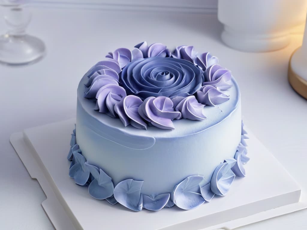  A closeup, ultradetailed image of a perfectly frosted cake with intricate piping details, showcasing different techniques and designs like rosettes, swirls, and delicate flowers. The cake is elegantly presented on a sleek, white marble platter, with soft natural light illuminating the textured frosting to highlight the meticulous craftsmanship. The colors of the frosting are pastel shades of pink, blue, and lavender, creating a visually appealing and appetizing aesthetic that is sure to captivate aspiring pastry chefs and enthusiasts alike. hyperrealistic, full body, detailed clothing, highly detailed, cinematic lighting, stunningly beautiful, intricate, sharp focus, f/1. 8, 85mm, (centered image composition), (professionally color graded), ((bright soft diffused light)), volumetric fog, trending on instagram, trending on tumblr, HDR 4K, 8K