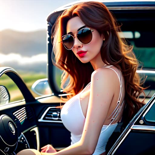  girl on the car selfie photo wavy brown hair with sunglasses High Resolution hyperrealistic, full body, detailed clothing, highly detailed, cinematic lighting, stunningly beautiful, intricate, sharp focus, f/1. 8, 85mm, (centered image composition), (professionally color graded), ((bright soft diffused light)), volumetric fog, trending on instagram, trending on tumblr, HDR 4K, 8K