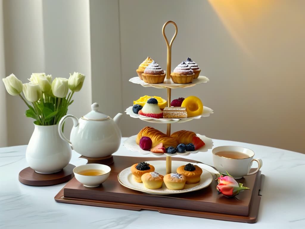  A highresolution, minimalist image of a beautifully plated afternoon tea set featuring an assortment of delicate pastries, elegant teacups, and a steaming teapot surrounded by fresh flowers and greenery, all set against a simple, sophisticated backdrop to evoke a sense of tranquility and refinement. The image captures the essence of a perfect fusion between tea and desserts, inviting the viewer to indulge in a moment of sensory delight and culinary artistry. hyperrealistic, full body, detailed clothing, highly detailed, cinematic lighting, stunningly beautiful, intricate, sharp focus, f/1. 8, 85mm, (centered image composition), (professionally color graded), ((bright soft diffused light)), volumetric fog, trending on instagram, trending on tumblr, HDR 4K, 8K