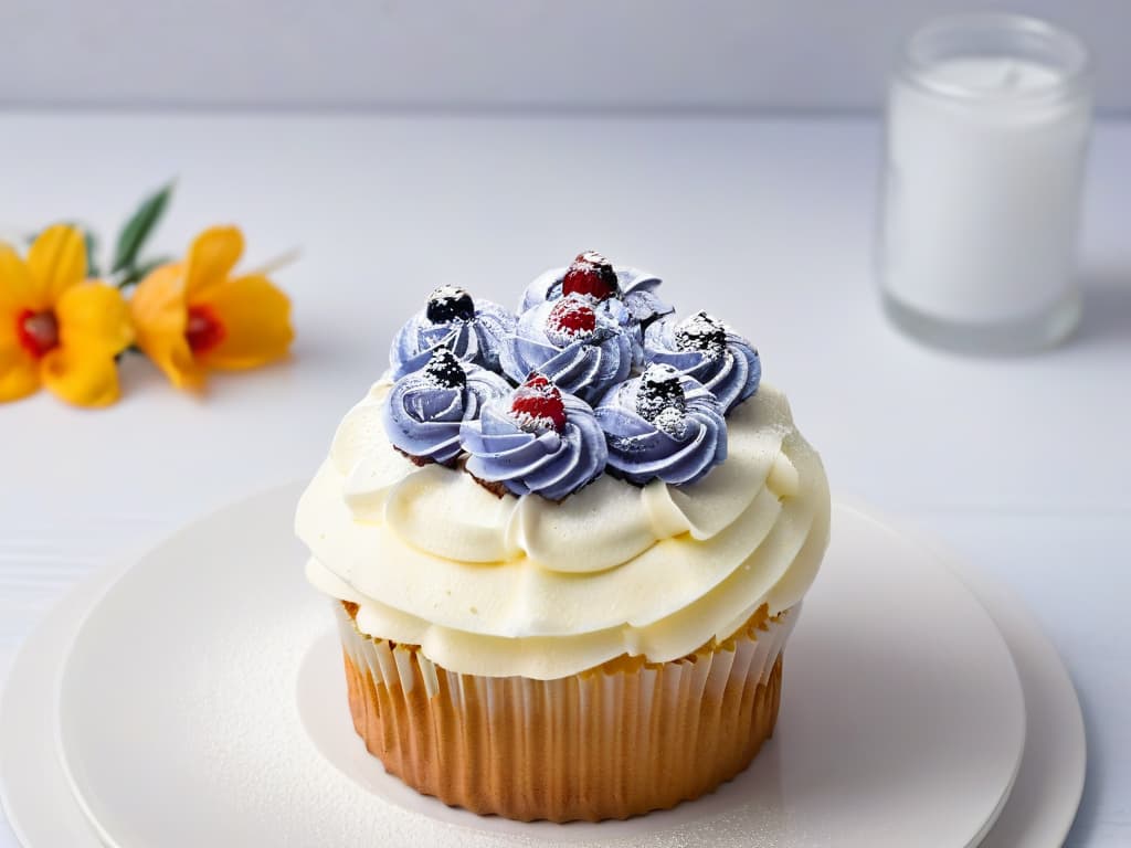  A closeup, ultradetailed image of a delicate, intricately decorated glutenfree cupcake topped with vibrant, fresh berries and edible flowers. The cupcake sits on a sleek, modern white plate with subtle, elegant lighting highlighting its textures and colors, showcasing the beauty and artistry of glutenfree baking. hyperrealistic, full body, detailed clothing, highly detailed, cinematic lighting, stunningly beautiful, intricate, sharp focus, f/1. 8, 85mm, (centered image composition), (professionally color graded), ((bright soft diffused light)), volumetric fog, trending on instagram, trending on tumblr, HDR 4K, 8K