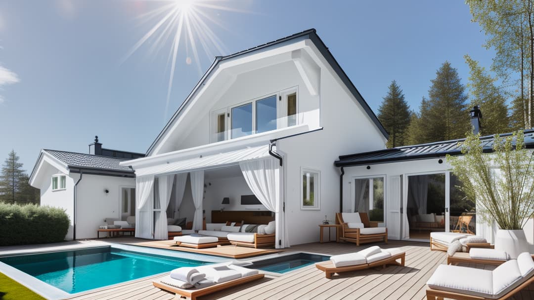  outside design (((scandinavian))) (((outside))), Nordic, big swimming pool, white light, dynamic, vases, long haired rugs, cushions, throws, cocooning, chalet.