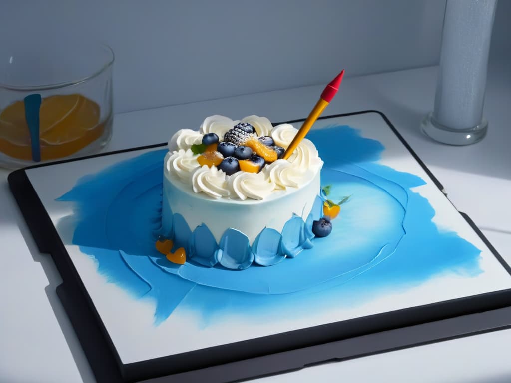  An 8k ultradetailed image of a sleek, modern digital drawing tablet with a stylus placed on a clean, white desk. The tablet screen displays a vibrant and intricate digital cake design being created with precision and detail. The stylus hovers over the screen, adding the final touches to the masterpiece, showcasing the essential tool for beginners in digital baking. hyperrealistic, full body, detailed clothing, highly detailed, cinematic lighting, stunningly beautiful, intricate, sharp focus, f/1. 8, 85mm, (centered image composition), (professionally color graded), ((bright soft diffused light)), volumetric fog, trending on instagram, trending on tumblr, HDR 4K, 8K