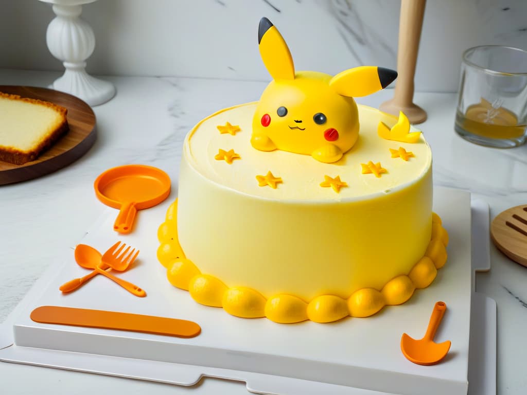  An ultradetailed, minimalistic image of a vibrant yellow Pikachushaped cake mold surrounded by various baking utensils like measuring cups, spatulas, and mixing bowls, all neatly arranged on a sleek marble countertop. The impeccable lighting highlights the shadows and reflections, emphasizing the precision and artistry required in creating the perfect Pikachu cake. hyperrealistic, full body, detailed clothing, highly detailed, cinematic lighting, stunningly beautiful, intricate, sharp focus, f/1. 8, 85mm, (centered image composition), (professionally color graded), ((bright soft diffused light)), volumetric fog, trending on instagram, trending on tumblr, HDR 4K, 8K