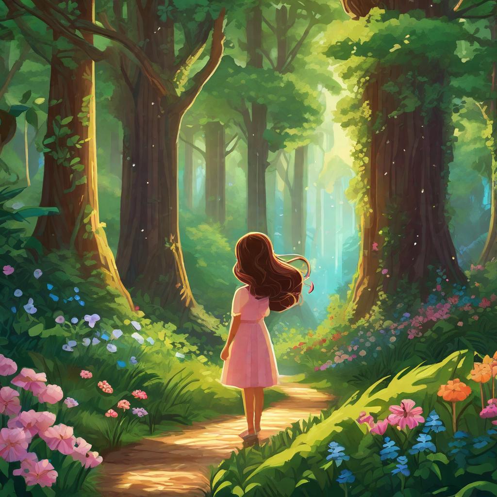  Prompt: In a lush, magical forest full of towering ancient trees and blooming colorful flowers, we see a young named Sara, our main character, curiously exploring the vint surroundings. Her wide eyes sparkle with wonder and excitement as she gently winds her way through the forest path, her frame barely disturbing the underbrush. Never far from her side is a small magical, twinkling green leaf that seems to be guiding her on her journey. The leaf is unique, it emits a soft enchanting glow and has an animated, almost expressive aura although it has no visible facial features. Sara is dressed in a casual adventurer's outfit, a comfortable tunic and a pair of brown boots, appropriate for a forest expedition. Her hair is pulled  hyperrealistic, full body, detailed clothing, highly detailed, cinematic lighting, stunningly beautiful, intricate, sharp focus, f/1. 8, 85mm, (centered image composition), (professionally color graded), ((bright soft diffused light)), volumetric fog, trending on instagram, trending on tumblr, HDR 4K, 8K