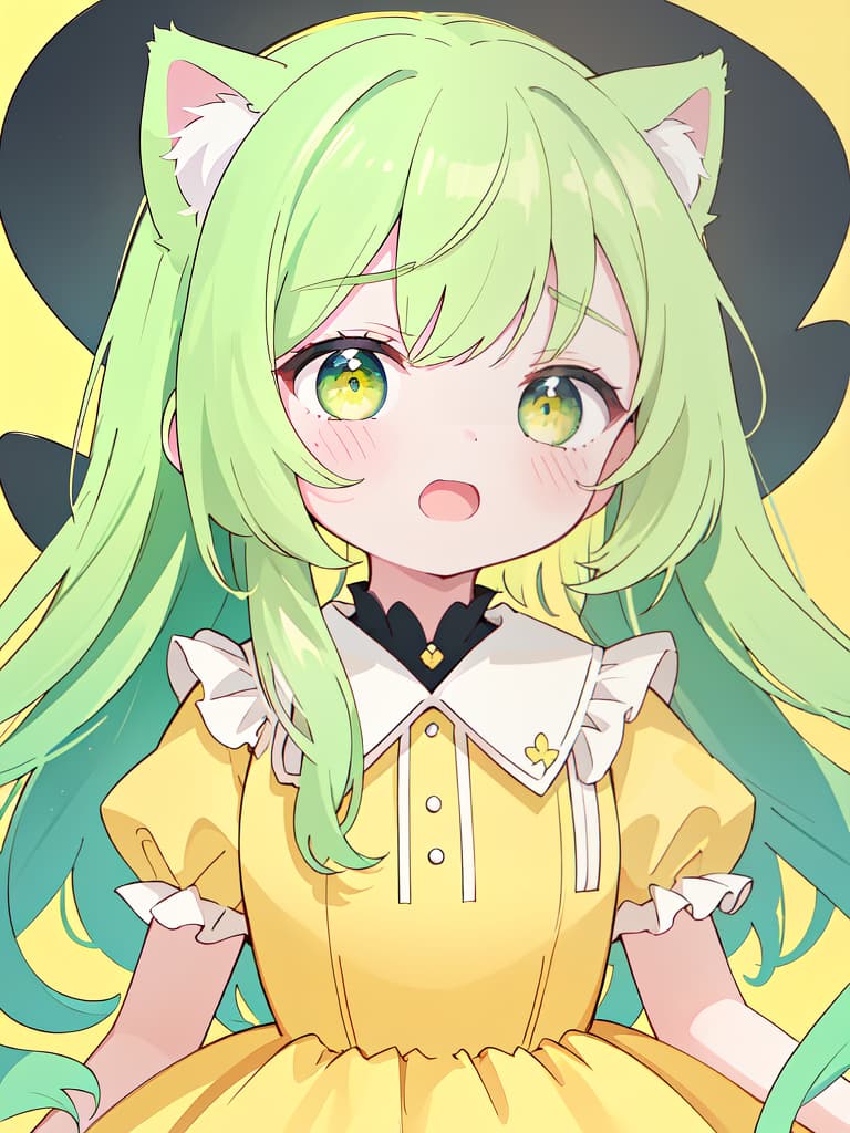  ultra detailed:1.2masterpiece:1.2,best quality,masterpiece,bestquality,hdr:1.1,8k:1.1,very cute girl:1.3,cat ear:1.3,blush frill dress,yellow green hair:1.3,long hair:1.1,troubled face:1.4,open mouth,yellow background,upper body:1.3, masterpiece, best quality,8k,ultra detailed,high resolution,an extremely delicate and beautiful,hyper detail