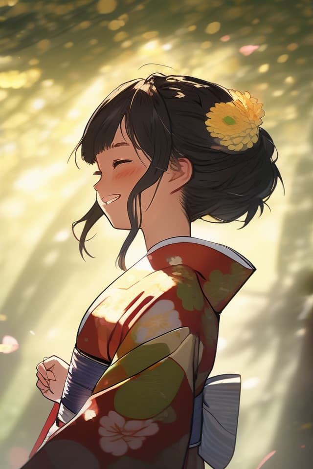  (absurdres,highres,superlative),(texture),(((contrast')),((top quality,masterpiece)),((insanely detailed lighting)),(sunbeam),((dappled sunlight,tree shade,deep shadow)),(outdoors),(madeon) BREAK solo,girl,kawaii,one eye closed,wearing kimono,hair flower,black hair,hair up,show off nape,[smile],