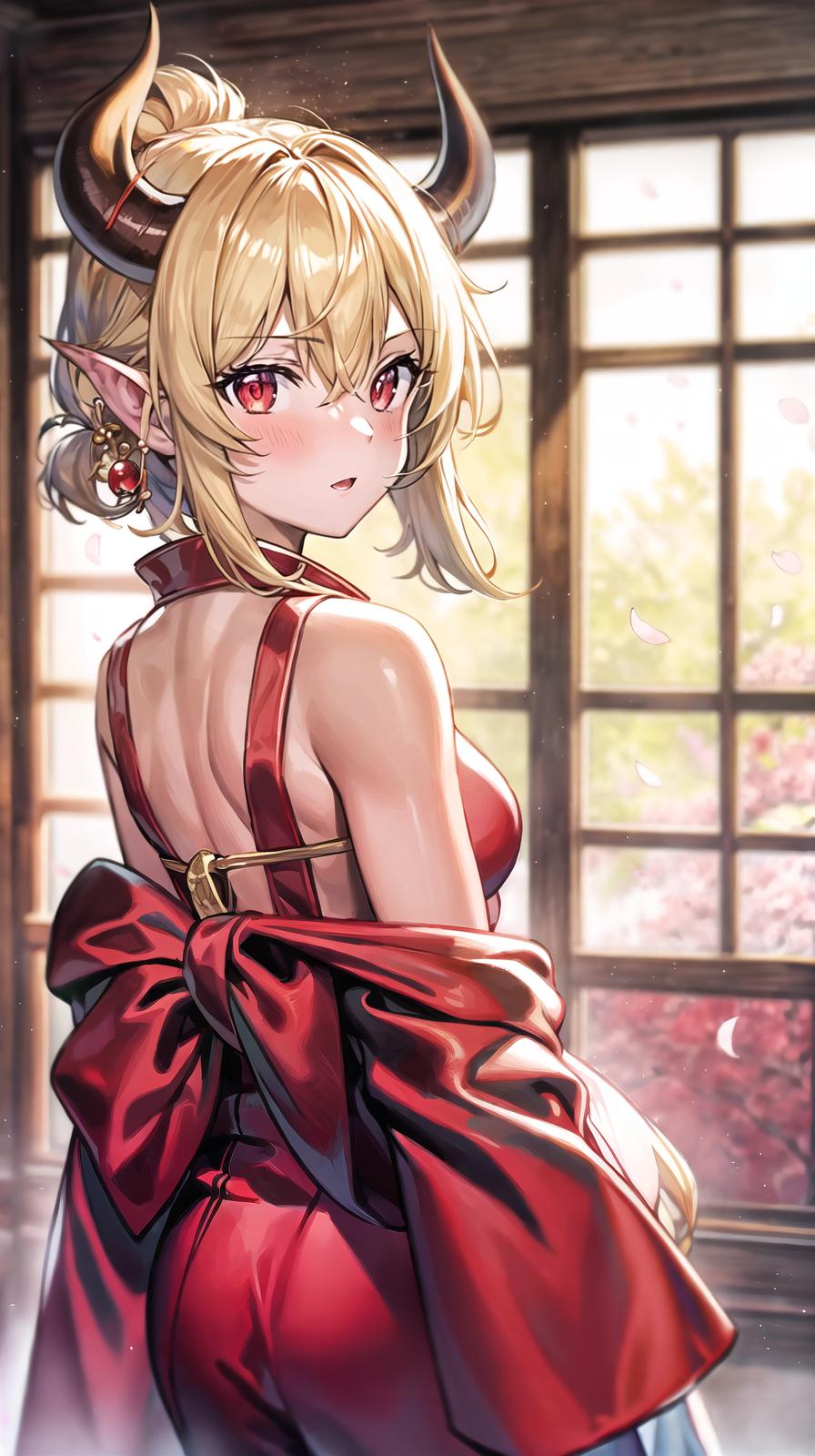  master piece , best quality,score 9, score 8 up, score 7 up, score 6 up, source anime, oni, kitagawa marin, oni horns, skin covered horns, japanese clothes, red kimono, solo, blonde hair, red eyes, cowboy shot, indoors, bare shoulders, from behind, looking back, blush, cherry blossoms, depth of field, masterpeice, best quality, very aesthetic, absurdres