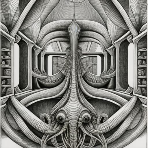  a pencil sketch in the style of jacek yerka and bosch and escher Frank bowling and hr giger, lots of robotic fish and starfish and octopus,stable diffusion