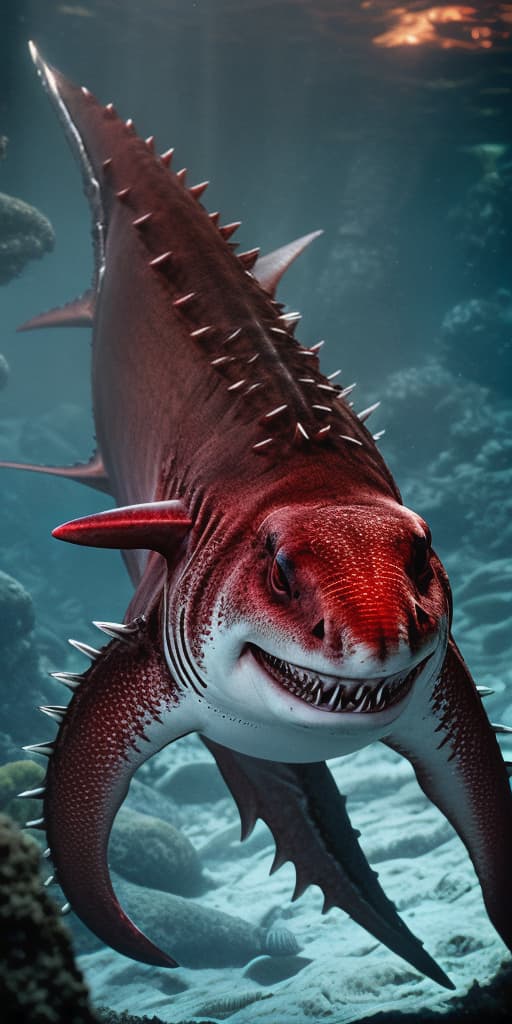  Photorealistic image of pale demonic creature with translucent red spines and shark like teeth. Monster has a spiked tail..