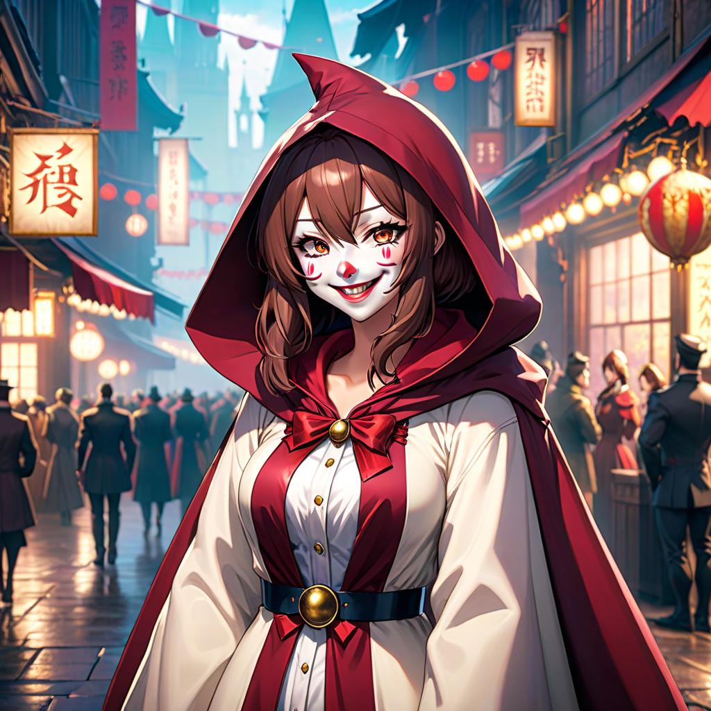  anime artwork A girl with brown hair. She is wearing a white klown mask with a smiling laughter that covers her entire face. She is dressed in a burgundy cloak with a hood over her head. . anime style, key visual, vibrant, studio anime, highly detailed hyperrealistic, full body, detailed clothing, highly detailed, cinematic lighting, stunningly beautiful, intricate, sharp focus, f/1. 8, 85mm, (centered image composition), (professionally color graded), ((bright soft diffused light)), volumetric fog, trending on instagram, trending on tumblr, HDR 4K, 8K