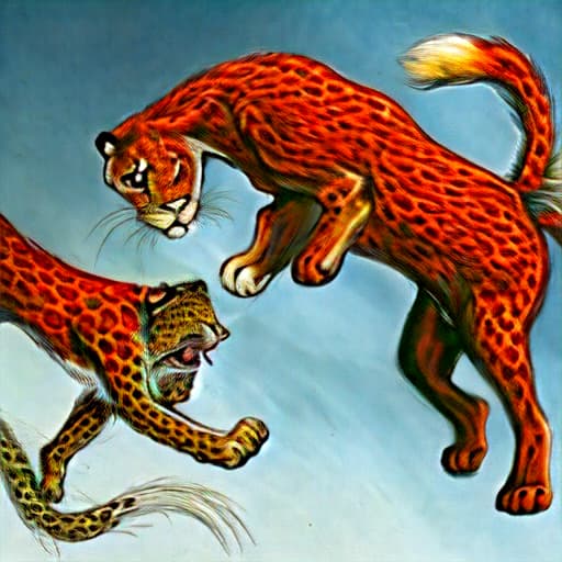  Angry red leopard have five vivid tails and one golden horn on head, creature of chinese myth on the cloud, orange red fur, ornate, combat ghostly fighting pose