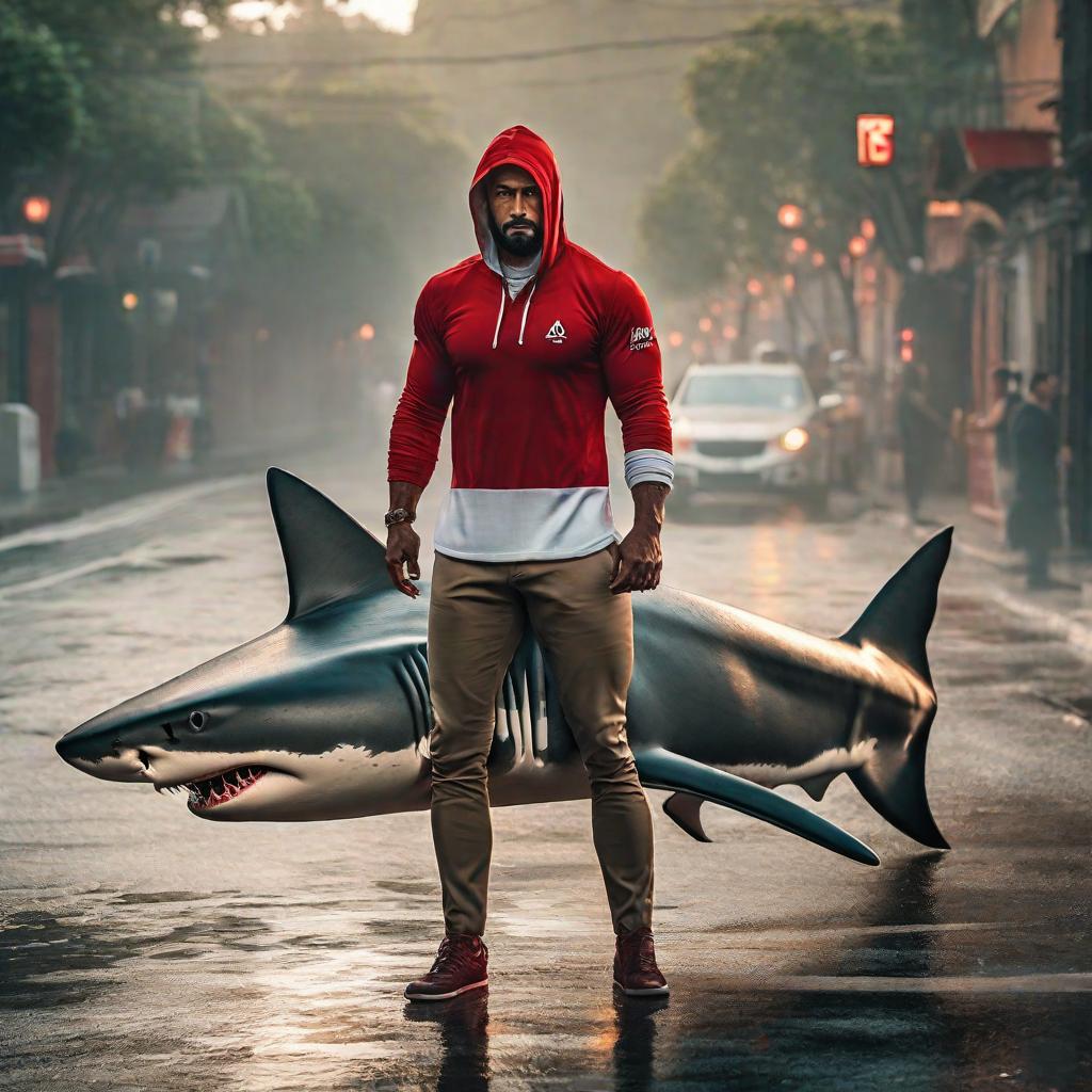  shark with red and white shirt hyperrealistic, full body, detailed clothing, highly detailed, cinematic lighting, stunningly beautiful, intricate, sharp focus, f/1. 8, 85mm, (centered image composition), (professionally color graded), ((bright soft diffused light)), volumetric fog, trending on instagram, trending on tumblr, HDR 4K, 8K