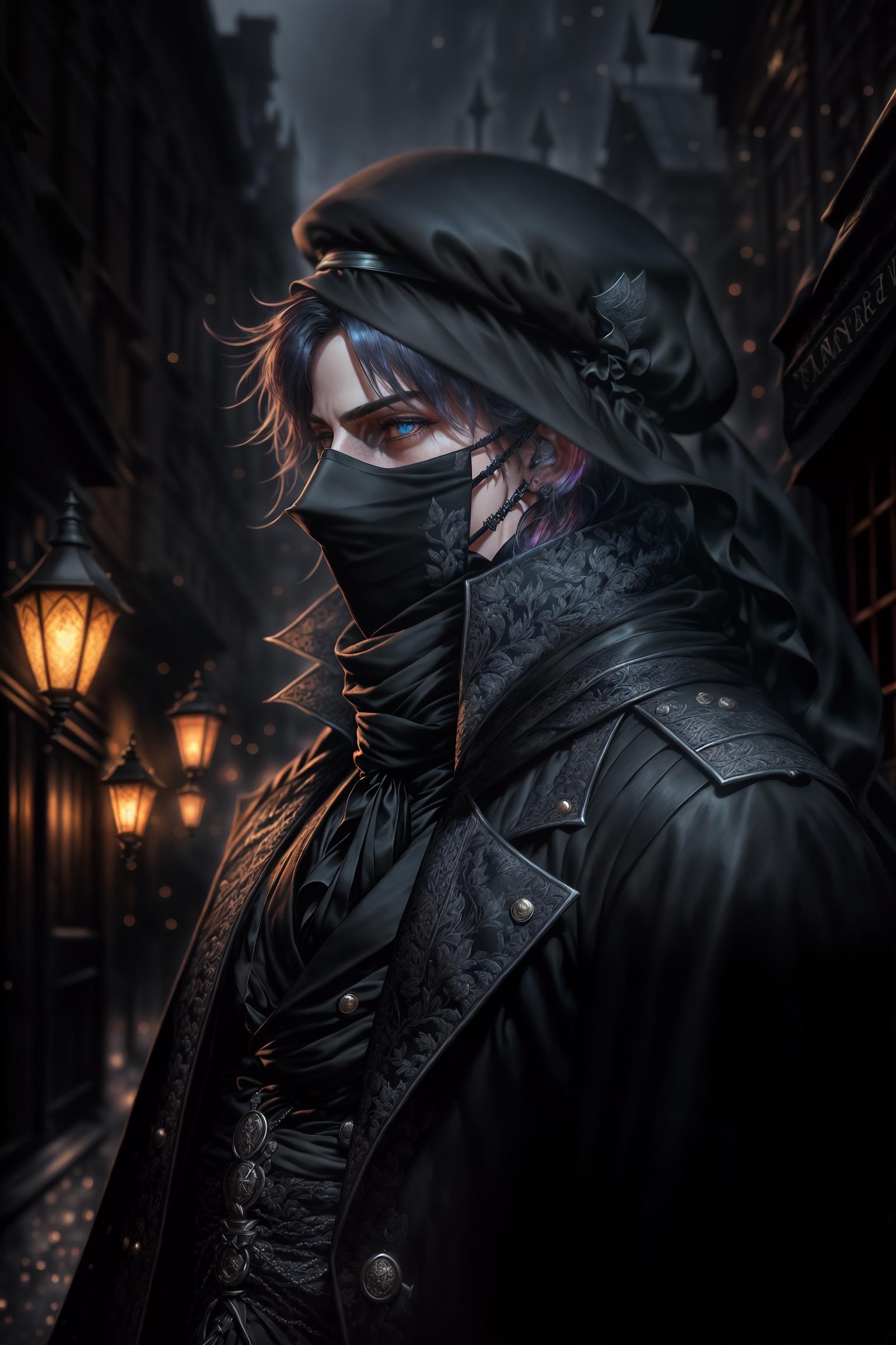  Jack the Ripper, (mysterious veil:1.2), (always wearing a black beret and a mask or scarf to conceal his facial features), (long coat:1.0), (usually wearing a dark colored long coat), (such as black or dark brown), (making him harder to detect at night), (knife in hand:1.0), (often carrying a sharp and terrifying scalpel), (an indispensable tool for his criminal activities), (eerie gait:1.0), (always appears light and mysterious), (especially when active at night), (street environment:1.2), (main scene is the dark, fog covered streets of the old city of London in the late 19th century), (environment includes ancient buildings, cobblestone roads, and dim twilight lights), (night and fog:1.0), (story takes place on a night with the moon high, hyperrealistic, full body, detailed clothing, highly detailed, cinematic lighting, stunningly beautiful, intricate, sharp focus, f/1. 8, 85mm, (centered image composition), (professionally color graded), ((bright soft diffused light)), volumetric fog, trending on instagram, trending on tumblr, HDR 4K, 8K