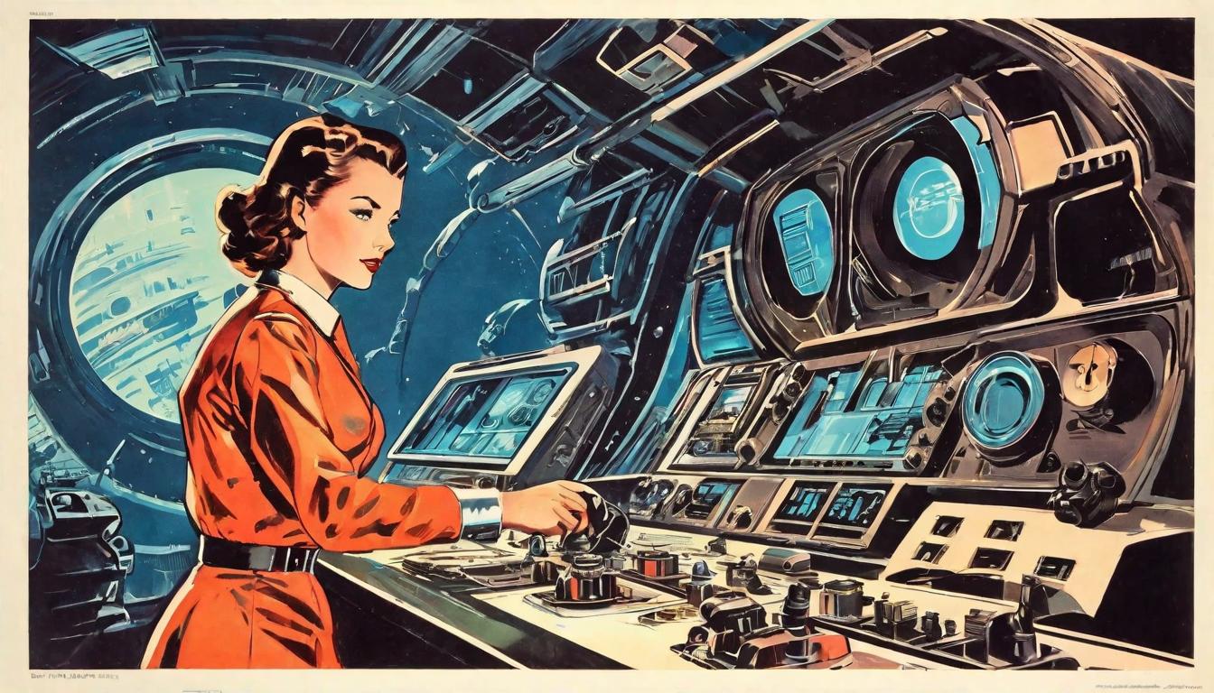  retro futuristic Individual focused on task, sharp attention, hands working, methodical movements, present moment living lvintage sci fi, 50s and 60s style, atomic age, vibrant, highly detailed