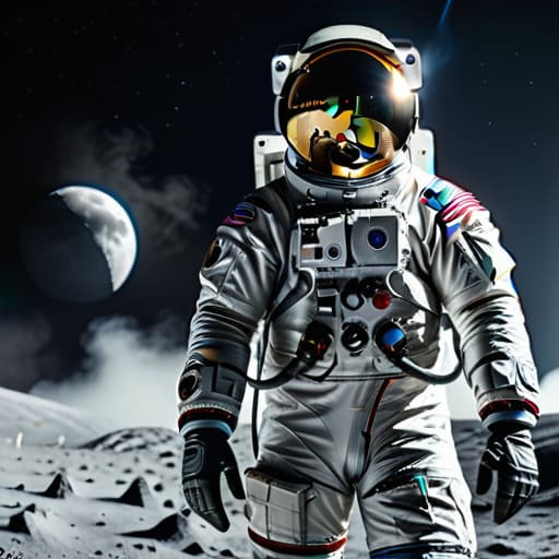  Man on the moon, ultra hd selfie hyperrealistic, full body, detailed clothing, highly detailed, cinematic lighting, stunningly beautiful, intricate, sharp focus, f/1. 8, 85mm, (centered image composition), (professionally color graded), ((bright soft diffused light)), volumetric fog, trending on instagram, trending on tumblr, HDR 4K, 8K