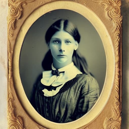 portrait+ style A portrait photo from the 1890s featuring a Alice liddell . The quality of the photo is consistent with 1890s cameras. The photo has yellowed over time, it has scratches and tears on its edges.