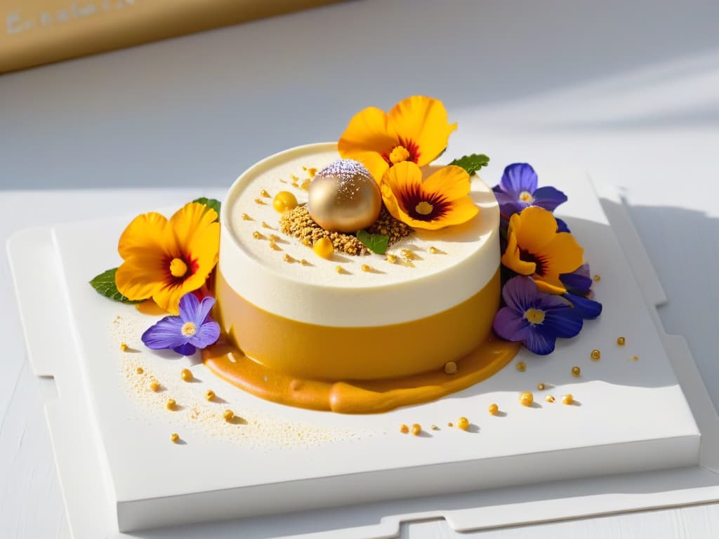  An ultradetailed image of a beautifully plated African dessert, showcasing intricate patterns and vibrant colors, with traditional local ingredients like baobab fruit, millet, and honey prominently featured. The dessert is delicately garnished with edible flowers and gold leaf, set against a sleek, minimalist backdrop to highlight the cultural and nutritional significance of indigenous African ingredients in traditional desserts. hyperrealistic, full body, detailed clothing, highly detailed, cinematic lighting, stunningly beautiful, intricate, sharp focus, f/1. 8, 85mm, (centered image composition), (professionally color graded), ((bright soft diffused light)), volumetric fog, trending on instagram, trending on tumblr, HDR 4K, 8K