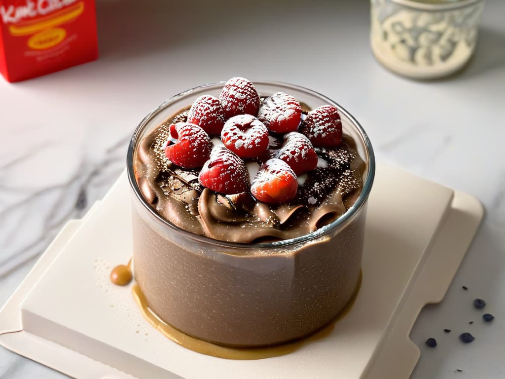  A closeup, photorealistic image of a decadent chocolate chia seed pudding topped with fresh raspberries and a sprinkle of chia seeds, served elegantly in a clear glass dish on a marble countertop. The rich chocolate pudding glistens under warm lighting, showcasing the plump chia seeds beautifully embedded within the creamy dessert, inviting the viewer to indulge in a healthy yet indulgent treat. hyperrealistic, full body, detailed clothing, highly detailed, cinematic lighting, stunningly beautiful, intricate, sharp focus, f/1. 8, 85mm, (centered image composition), (professionally color graded), ((bright soft diffused light)), volumetric fog, trending on instagram, trending on tumblr, HDR 4K, 8K