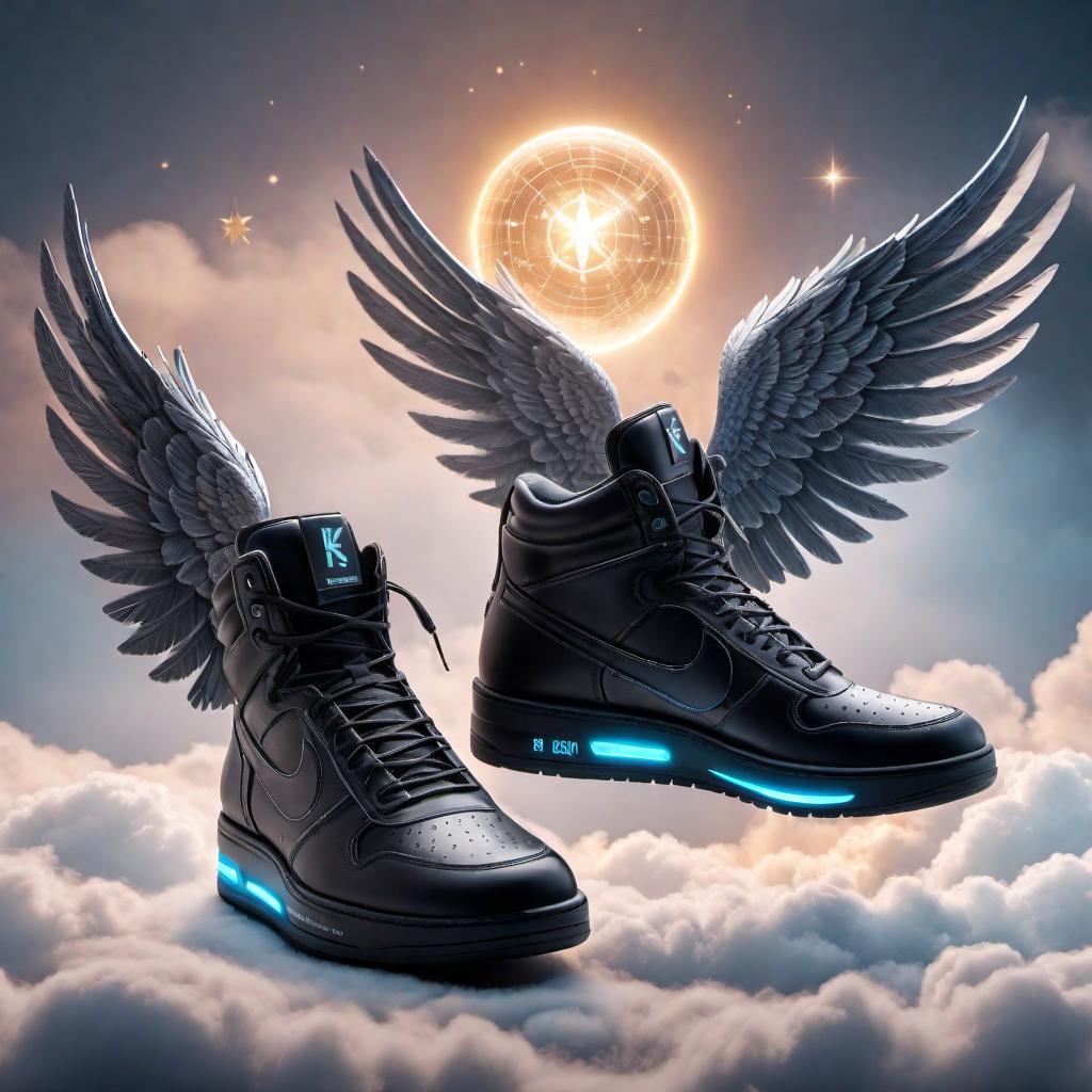  An image featuring the number 1 designed as shoes with wings, symbolizing the ability to fly over negativity. Surround these flying shoes with a glowing aura of positivity and symbols that represent positive moves capable of changing the world, such as a globe, light bulbs, stars, and uplifting arrows. The background should include subtle elements indicating negativity being left behind, like dark clouds or shadows, with the focus on a bright and hopeful horizon. hyperrealistic, full body, detailed clothing, highly detailed, cinematic lighting, stunningly beautiful, intricate, sharp focus, f/1. 8, 85mm, (centered image composition), (professionally color graded), ((bright soft diffused light)), volumetric fog, trending on instagram, trending on tumblr, HDR 4K, 8K