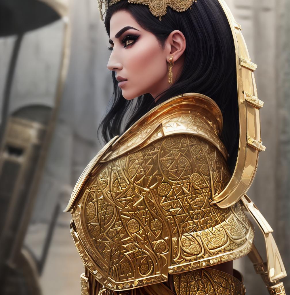  ((Side view:1.8)), ((masterpiece)),(((best quality))), ((futuristic empress, mature face, ((middle eastern eyes:1.4)), ((gold futuristic gown)), (((intricate futuristic breastplate))),