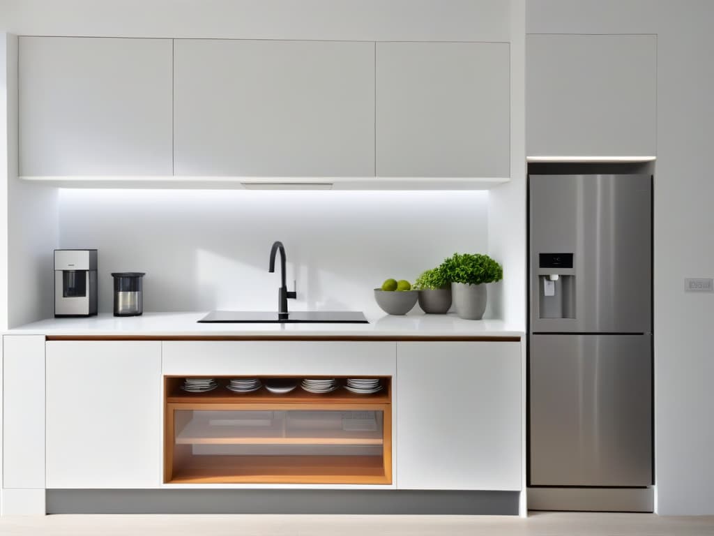  A sleek, minimalistic kitchen design showcasing clever space optimization with builtin storage solutions, multifunctional furniture, and hidden compartments to inspire organization in small homes. The image features a neutral color palette, clean lines, and strategic placement of kitchen essentials, creating a visually appealing and efficient cooking space. hyperrealistic, full body, detailed clothing, highly detailed, cinematic lighting, stunningly beautiful, intricate, sharp focus, f/1. 8, 85mm, (centered image composition), (professionally color graded), ((bright soft diffused light)), volumetric fog, trending on instagram, trending on tumblr, HDR 4K, 8K