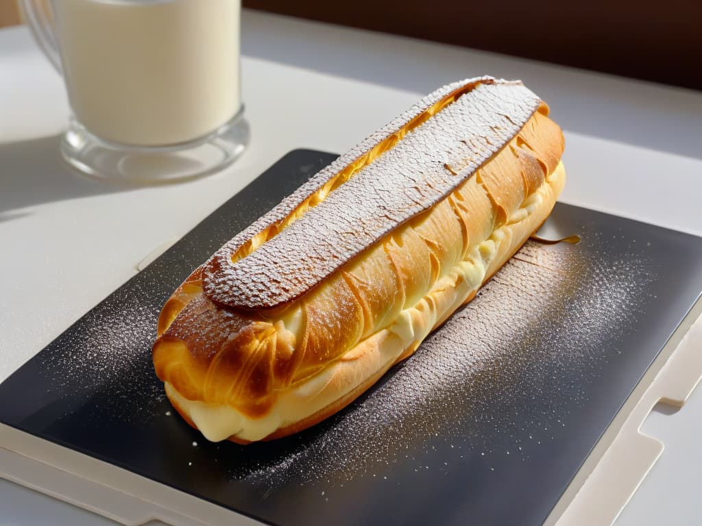  An ultradetailed, minimalist image of a freshly baked éclair with a light dusting of powdered sugar on top, showcasing the goldenbrown pastry exterior and the creamy filling oozing out slightly from the ends. The éclair is elegantly placed on a sleek, matte black plate against a soft, blurred background of a French café setting, with a hint of natural light streaming in to highlight the textures and colors of the dessert. hyperrealistic, full body, detailed clothing, highly detailed, cinematic lighting, stunningly beautiful, intricate, sharp focus, f/1. 8, 85mm, (centered image composition), (professionally color graded), ((bright soft diffused light)), volumetric fog, trending on instagram, trending on tumblr, HDR 4K, 8K