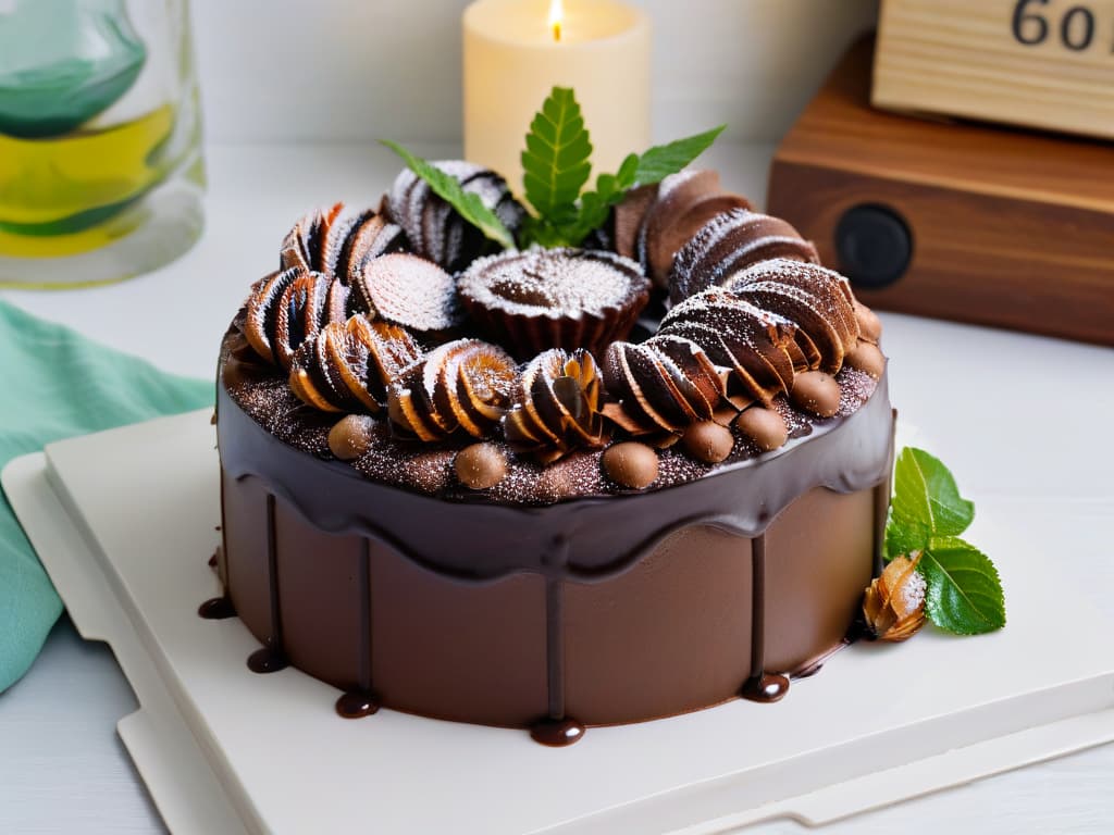  An exquisitely detailed photorealistic image of a decadent chocolate cake with a glossy ganache glaze, adorned with sprinkled algarroba powder on top. The cake should be set on a sleek marble countertop, with a scattering of fresh algarroba pods and vibrant green leaves as a visually appealing background. The lighting should be soft, emphasizing the rich textures of the cake and the natural beauty of the algarroba pods. hyperrealistic, full body, detailed clothing, highly detailed, cinematic lighting, stunningly beautiful, intricate, sharp focus, f/1. 8, 85mm, (centered image composition), (professionally color graded), ((bright soft diffused light)), volumetric fog, trending on instagram, trending on tumblr, HDR 4K, 8K