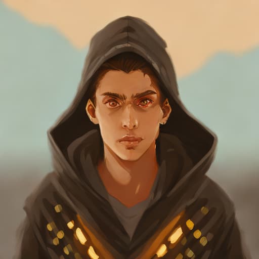 portrait+ style druid, dnd character, human, man, black hair, green and golden eyes,  20 years old, mysterious, feral, hooded, fantasy, hd, fey
