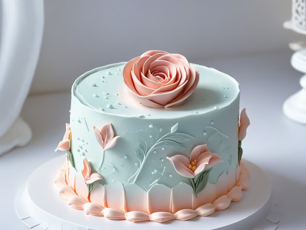  A closeup, ultradetailed image of a delicate fondant rose being meticulously crafted by skilled hands. The intricate layers of pale pink petals, each meticulously shaped and placed with precision, showcase the artistry and skill required in decorating with fondant and icing. The background is a soft focus to emphasize the fine details of the sugary creation, highlighting the elegance and craftsmanship involved in the process. hyperrealistic, full body, detailed clothing, highly detailed, cinematic lighting, stunningly beautiful, intricate, sharp focus, f/1. 8, 85mm, (centered image composition), (professionally color graded), ((bright soft diffused light)), volumetric fog, trending on instagram, trending on tumblr, HDR 4K, 8K