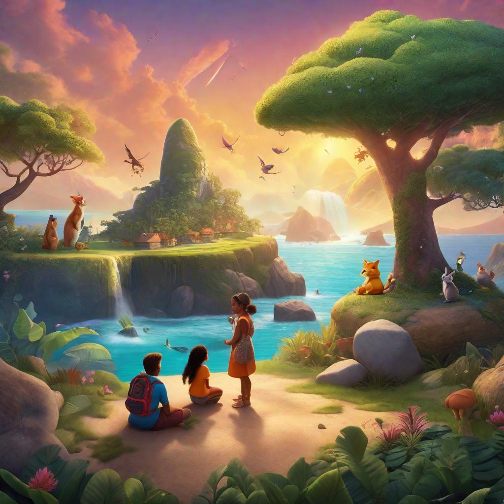  "Create an image depicting a serene and mystical scene on an island populated with cute, anthropomorphic animal characters and human residents, who seem to be engaged in a tension-filled disagreement over a uniquely-shaped, glowingly radiant magical rock situated in the center of their dispute. In the foreground, a tenacious, small child and a comforting mother are depicted humbly kneeling before the rock, their faces showing a mixed expression of hope and solemnity as they close their eyes, their hands clasped together as if making a heartfelt wish for understanding and peace. The overcast sky subtly implies the ongoing tension, but the warm, ambient light originating from the magical rock blankets the whole scene with a sense of impending hyperrealistic, full body, detailed clothing, highly detailed, cinematic lighting, stunningly beautiful, intricate, sharp focus, f/1. 8, 85mm, (centered image composition), (professionally color graded), ((bright soft diffused light)), volumetric fog, trending on instagram, trending on tumblr, HDR 4K, 8K