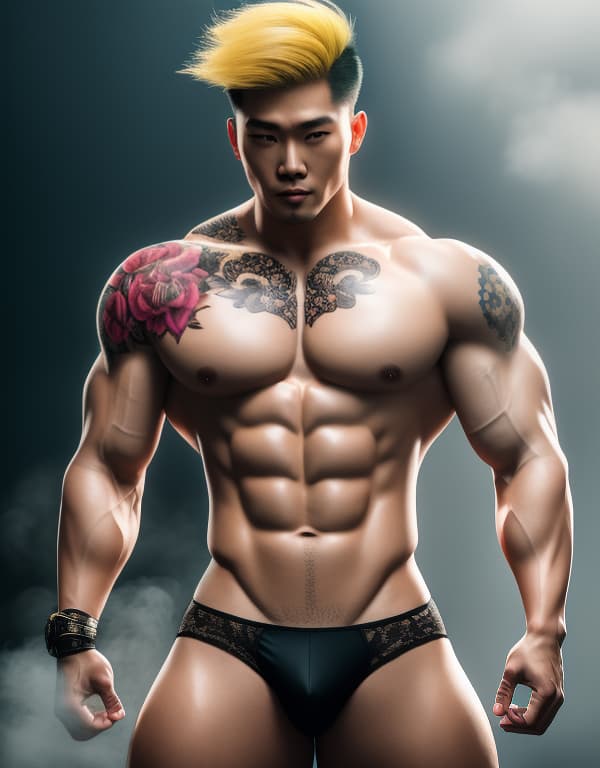  muscle, tattooed Chinese beautiful boy with white lace and yellow hair, lifting his in hill， whole dorsal body，chest hair hyperrealistic, full body, detailed clothing, highly detailed, cinematic lighting, stunningly beautiful, intricate, sharp focus, f/1. 8, 85mm, (centered image composition), (professionally color graded), ((bright soft diffused light)), volumetric fog, trending on instagram, trending on tumblr, HDR 4K, 8K