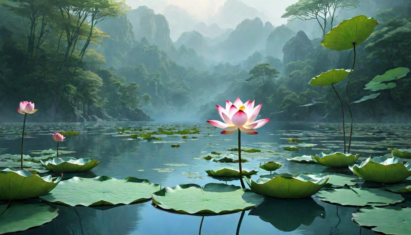  （surrealism)A lotus flower blooming atop a tranquil pond, pure and untouched by the murky waters below, sanctity, emergence, untainted mystic, intricate details, best quality)