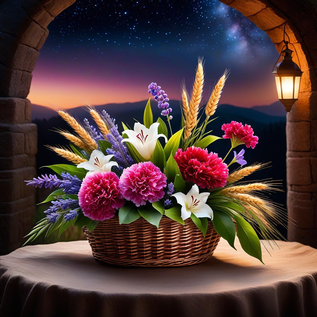  watercolor painting (Bouquet in a wicker basket). The handle of the basket is decorated with a white satin bow with brown polka dots. In the basket is a floral composition: of wheat ears, burgundy carnations, flowers, lavender and in the centre of the bouquet one white pink lily. (Background):night starry sky with flashes of fireworks. Style:fantasy, watercolour, landscape still life genre. . vibrant, beautiful, painterly, detailed, textural, artistic hyperrealistic, full body, detailed clothing, highly detailed, cinematic lighting, stunningly beautiful, intricate, sharp focus, f/1. 8, 85mm, (centered image composition), (professionally color graded), ((bright soft diffused light)), volumetric fog, trending on instagram, trending on tumblr, HDR 4K, 8K