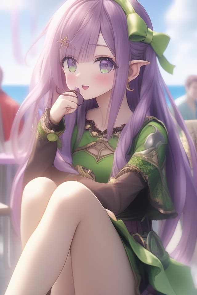  (Best masterpiece: 1.5),(Highest image quality),(Super detail),(Super precision),(Super beautiful CG),(8K),1girl,elf,solo,long hair,purple hair,green eyes,（close up）,headband,ONE PIECE,sandals,hair blowing in the wind,round table,sit on a chair,eat eclairs,