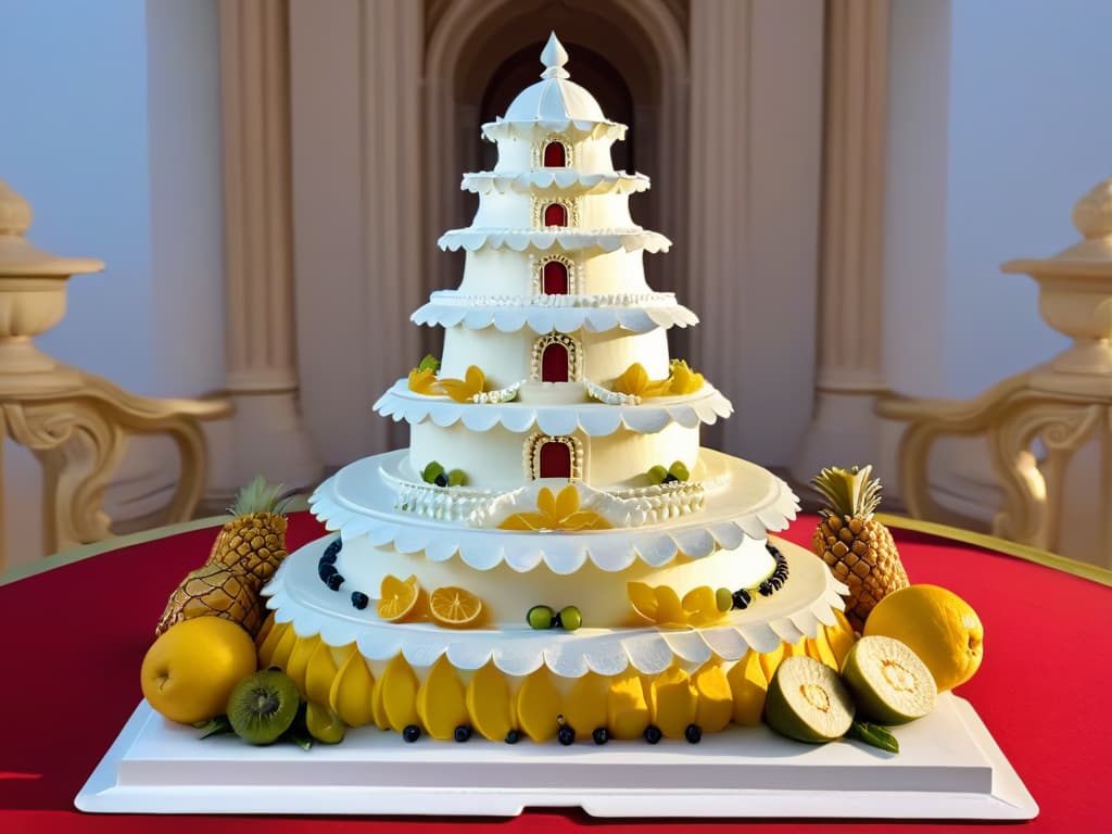  An 8k ultradetailed image of an intricate sugar sculpture resembling a Baroque architectural masterpiece, complete with delicate swirls, ornate details, and elaborate embellishments. The sculpture stands on a table adorned with fresh fruits and flowers, showcasing the artistry and grandeur of Baroqueinspired pastry craftsmanship. hyperrealistic, full body, detailed clothing, highly detailed, cinematic lighting, stunningly beautiful, intricate, sharp focus, f/1. 8, 85mm, (centered image composition), (professionally color graded), ((bright soft diffused light)), volumetric fog, trending on instagram, trending on tumblr, HDR 4K, 8K