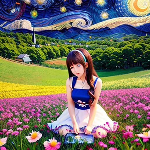  pretty anime girl, flowery field, starry night